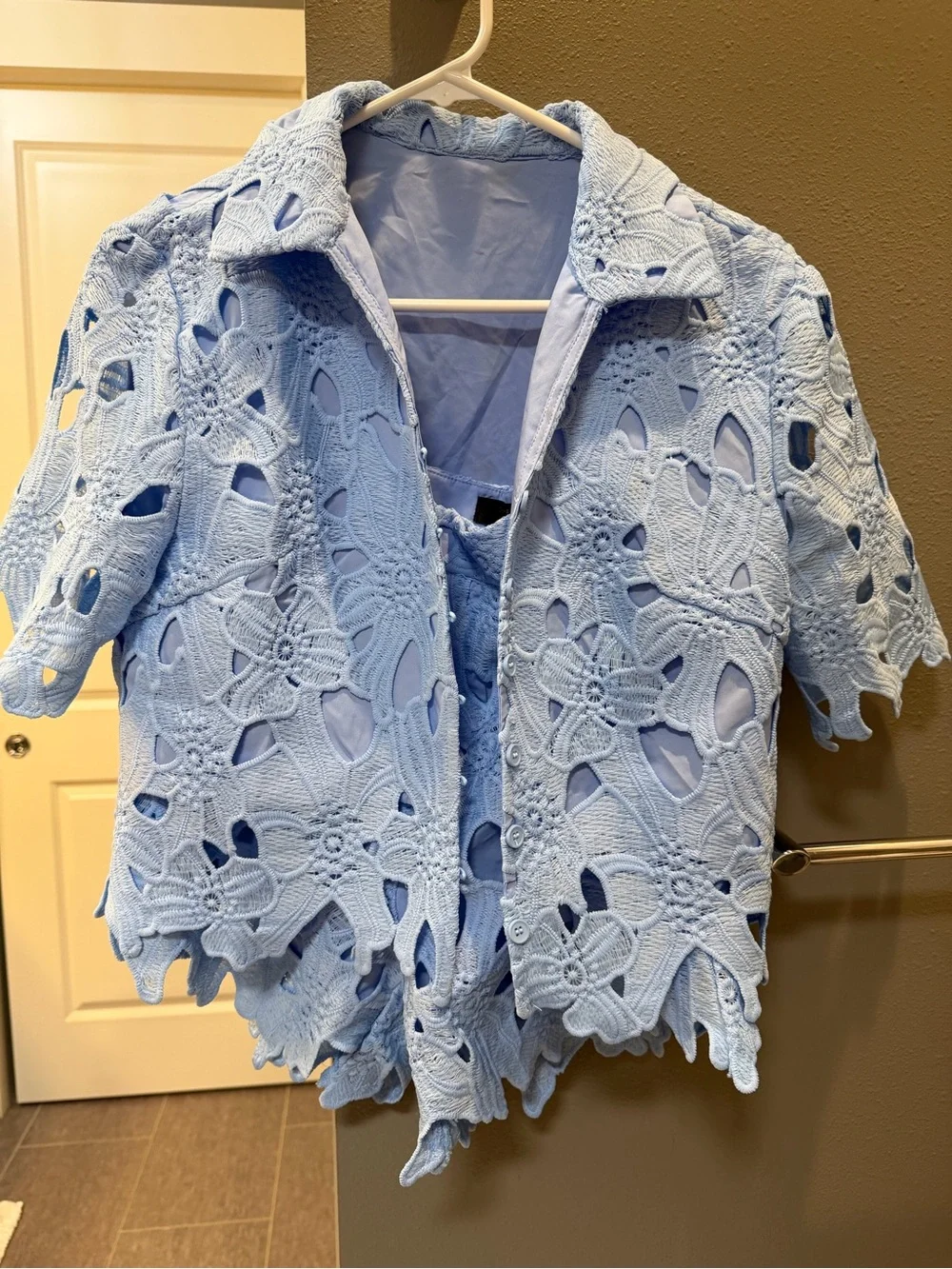 Commense Light Blue Crochet Button-Down Top and Matching Short Set- NWT
